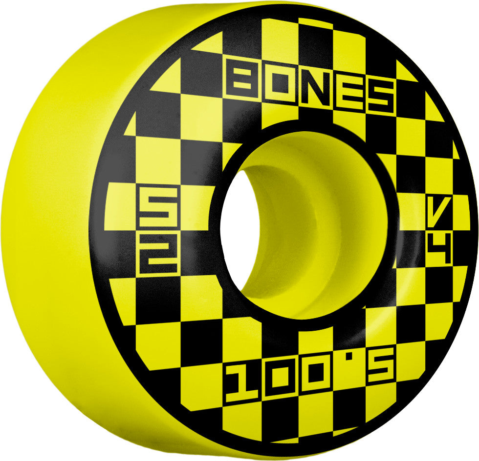Bones 100's Block Party V4 Wide Skateboard Wheels Yellow - 52mm