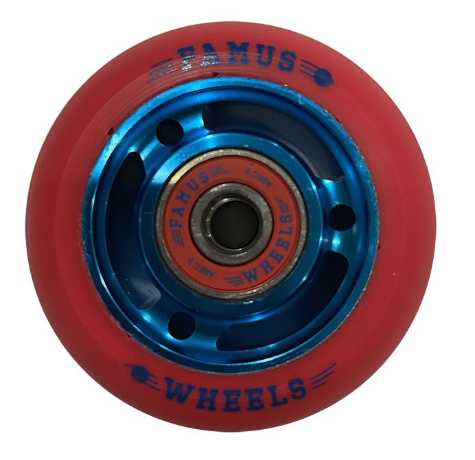 Famus Metal Core Red/Blue Wheels with Bearings 64mm 92a - Set of Four