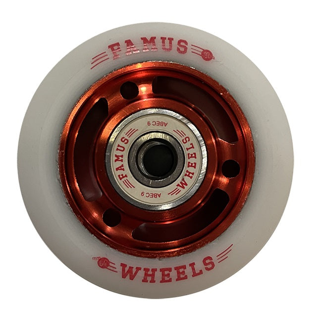 Famus Metal Core White/Red Wheels with Bearings 64mm 92a - Set of Four