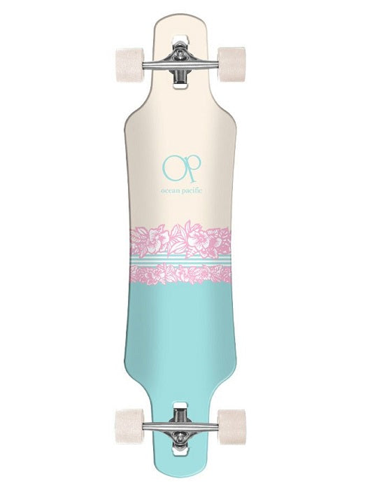 Ocean Pacific Island Drop Through Off White and Teal Longboard - 39"