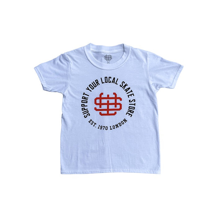 Camiseta juvenil Slick's Skate Store Support Your Local Skate Store - Blanco